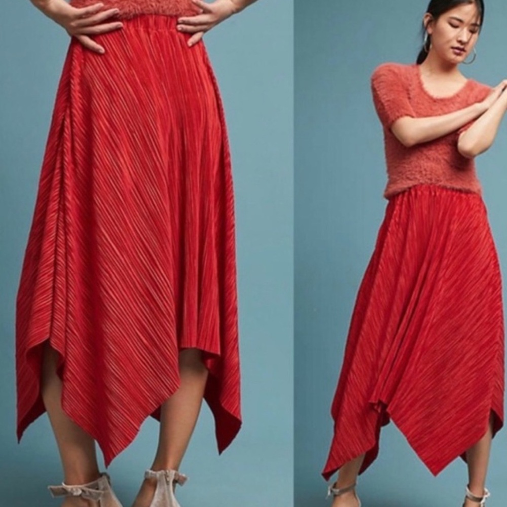 💕Anthropology 💕Plisse Red Asymmetrical Pull-On Skirt- XL